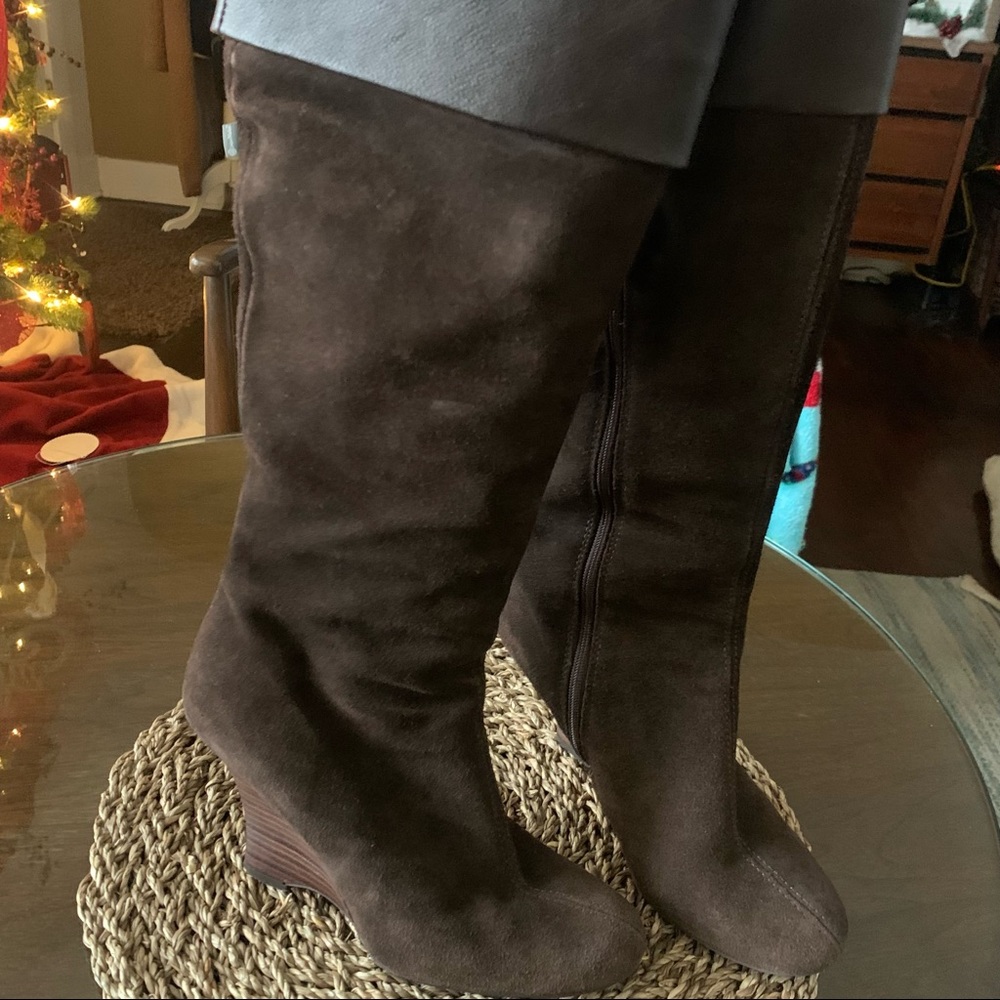 ZARA Chocolate Brown Suede Leather Tall Cuffed Knee Skinny Wedge Boots